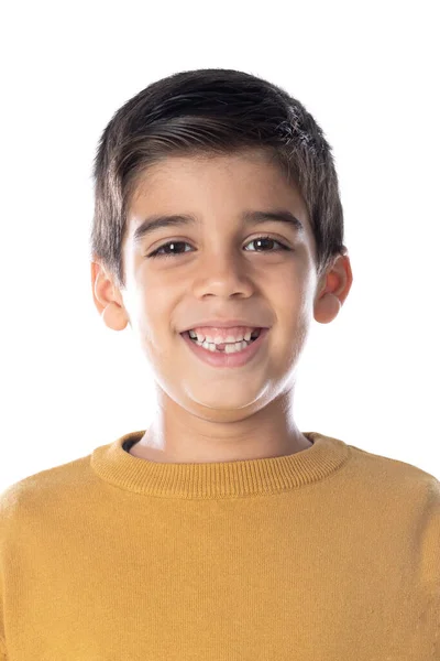 Braunes Kind Mit Gelbem Shirt Auf Weißem Hintergrund — Stockfoto