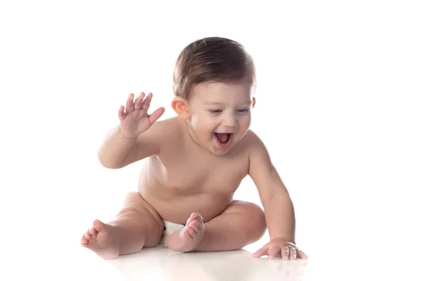 Bebê Bonito Fralda Olhando Para Câmera Isolada Fundo Branco — Fotografia de Stock