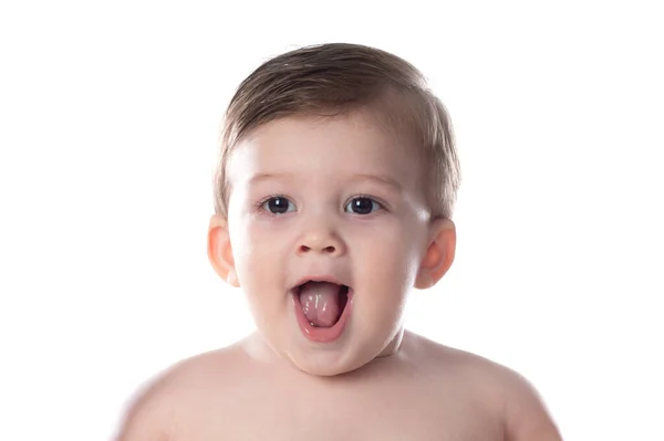Leuke Baby Luier Kijken Naar Camera Geïsoleerd Een Witte Achtergrond — Stockfoto