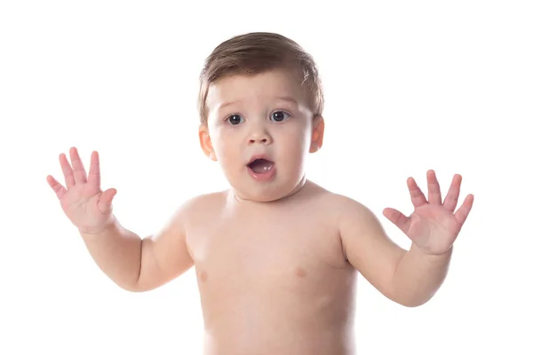 Leuke Baby Luier Kijken Naar Camera Geïsoleerd Een Witte Achtergrond — Stockfoto