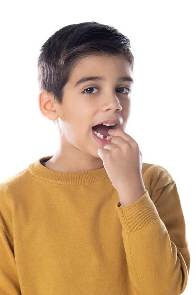 Portrait Enfant Avec Une Bouche Ouverte Une Dent Tombée Isolée — Photo