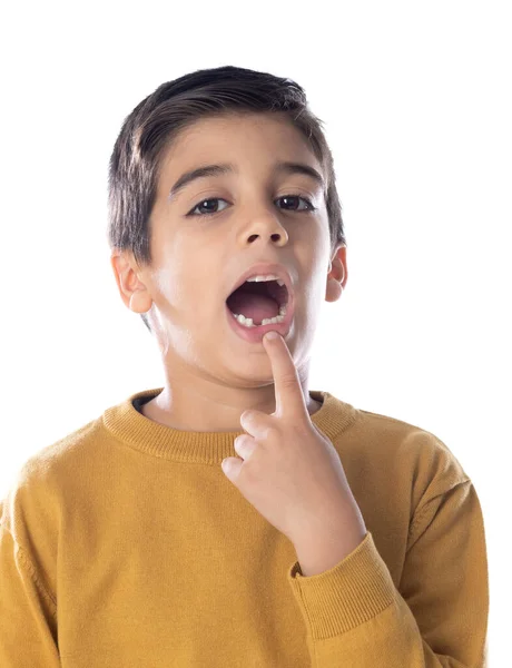 Retrato Niño Con Boca Abierta Diente Caído Aislado Sobre Fondo — Foto de Stock