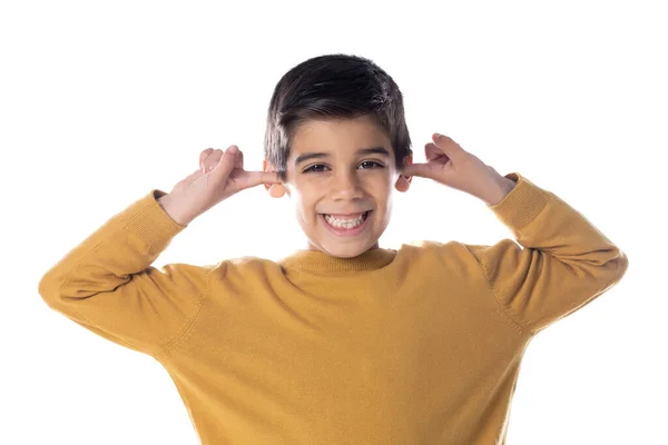 Латинська Дитина Закриває Вуха Ізольованими Білому Фоні — стокове фото