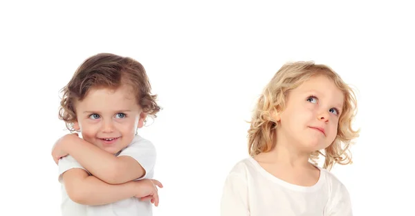 Δύο Χαριτωμένα Παιδιά Απομονωμένα Λευκό Φόντο — Φωτογραφία Αρχείου