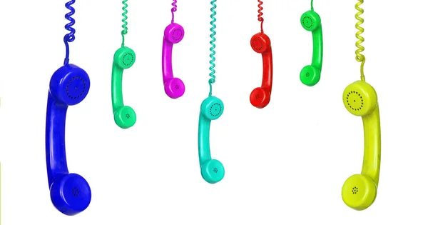 Farbige Telefone Hängen Isoliert Auf Weißem Hintergrund — Stockfoto