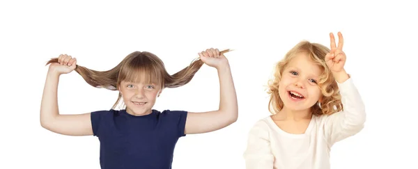 Diverso Grupo Niños Haciendo Gestos Manos Riendo Aislados Sobre Fondo —  Fotos de Stock