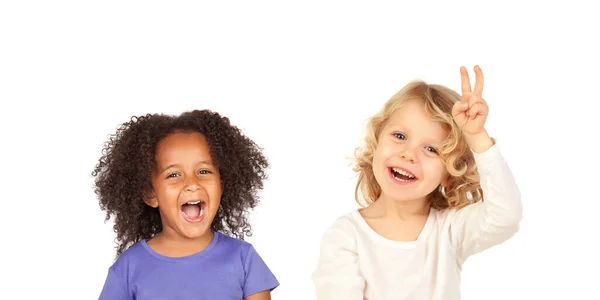 Zwei Kinder Machen Handgesten Und Lachen Isoliert Auf Weißem Hintergrund — Stockfoto