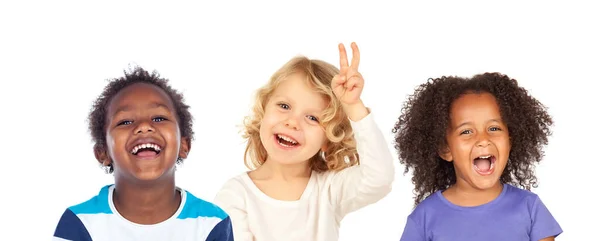 Diverse Groep Kinderen Doen Handgebaren Lachen Geïsoleerd Een Witte Achtergrond — Stockfoto