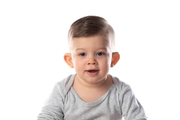 Pequeño Bebé Sonriente Traje Cuerpo Sentado Descalzo Suelo Aislado Blanco —  Fotos de Stock