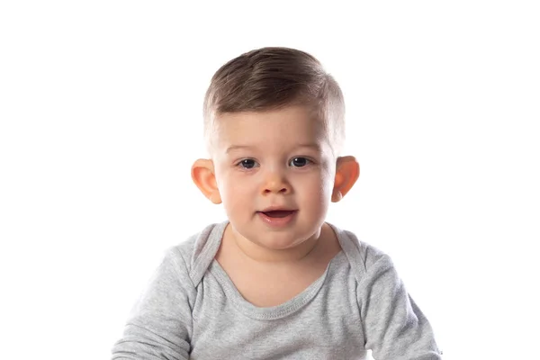 Μικρό Χαμογελαστό Μωρό Κοστούμι Κάθεται Ξυπόλητο Στο Πάτωμα Απομονωμένο Λευκό Royalty Free Φωτογραφίες Αρχείου