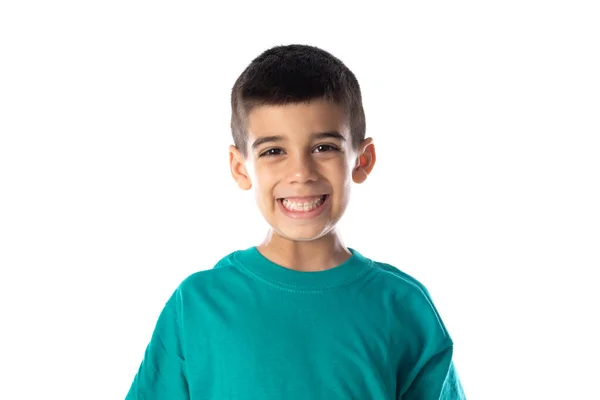 Menino Escuro Com Camiseta Verde Isolado Fundo Branco — Fotografia de Stock