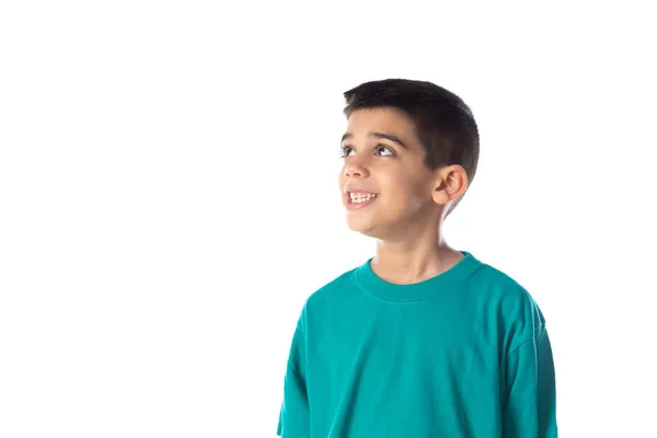 Menino Escuro Com Camiseta Verde Isolado Fundo Branco — Fotografia de Stock