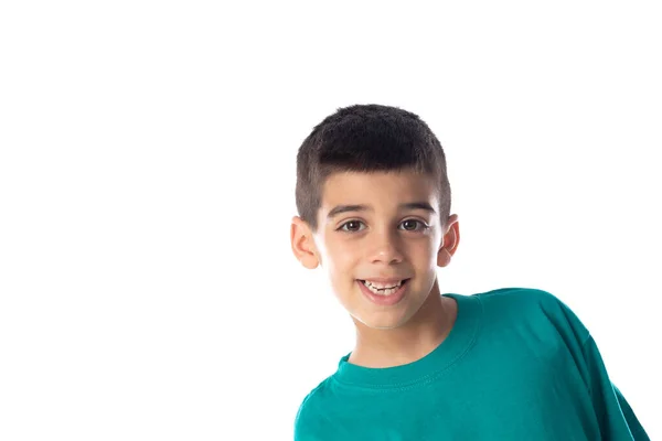 Niño Oscuro Con Camiseta Verde Aislada Sobre Fondo Blanco —  Fotos de Stock