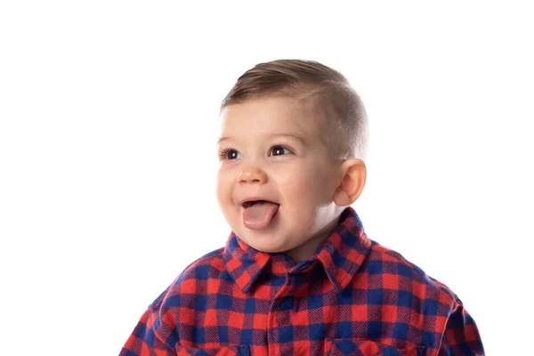 Little Baby Boy Stylish Casual Clothing Smiling White Wall Background — Stock Photo, Image
