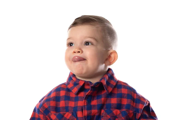 Pequeño Bebé Con Ropa Casual Elegante Sonriendo Sobre Fondo Blanco — Foto de Stock