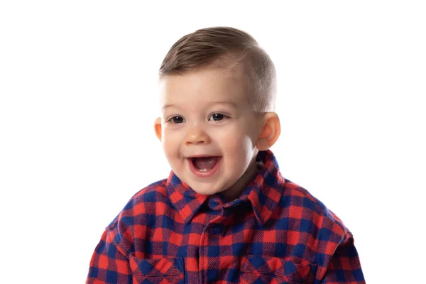 Menino Roupas Casuais Elegantes Sorrindo Sobre Fundo Parede Branca — Fotografia de Stock