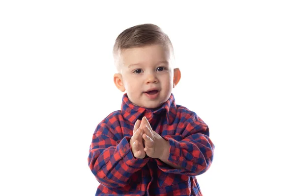 Kleine Baby Jongen Stijlvolle Casual Kleding Glimlachen Witte Muur Achtergrond — Stockfoto