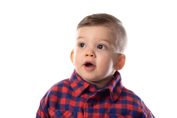 Kleine Baby Jongen Stijlvolle Casual Kleding Glimlachen Witte Muur Achtergrond — Stockfoto