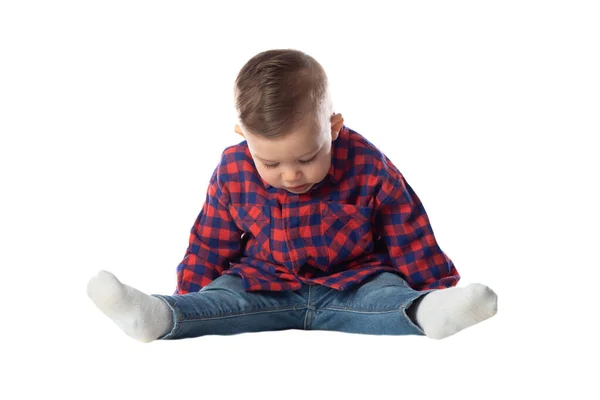 Pequeño Bebé Con Ropa Casual Elegante Sonriendo Sobre Fondo Blanco —  Fotos de Stock