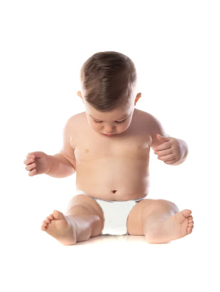 Funny Child Baby Boy Toddler Naked Diaper Isolated White Background — Stock Photo, Image