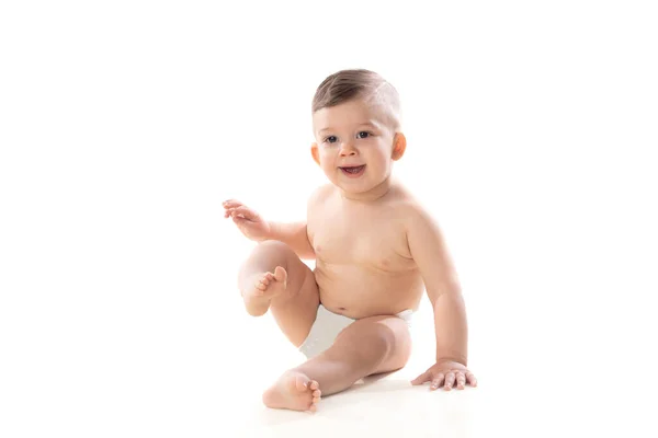 Niño Divertido Bebé Niño Desnudo Pañal Aislado Sobre Fondo Blanco —  Fotos de Stock