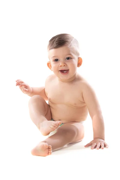 Niño Divertido Bebé Niño Desnudo Pañal Aislado Sobre Fondo Blanco —  Fotos de Stock