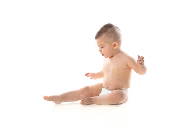 Grappig Kind Baby Jongen Peuter Naakt Luier Geïsoleerd Een Witte — Stockfoto