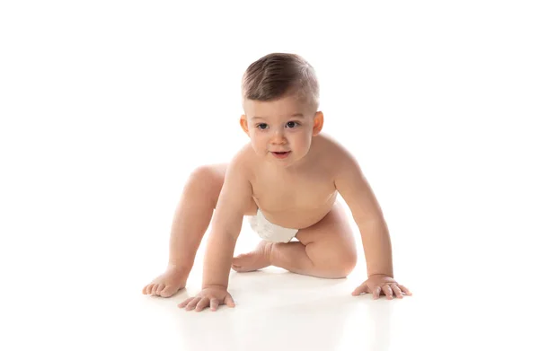 Grappig Kind Baby Jongen Peuter Naakt Luier Geïsoleerd Een Witte — Stockfoto