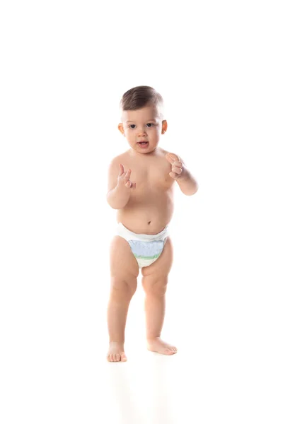 Funny Child Baby Boy Toddler Naked Diaper Isolated White Background — Stock Photo, Image