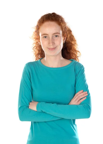 Pretty Redhead Young Woman Long Wavy Hair Freckles Wears Shirt — Stock Photo, Image