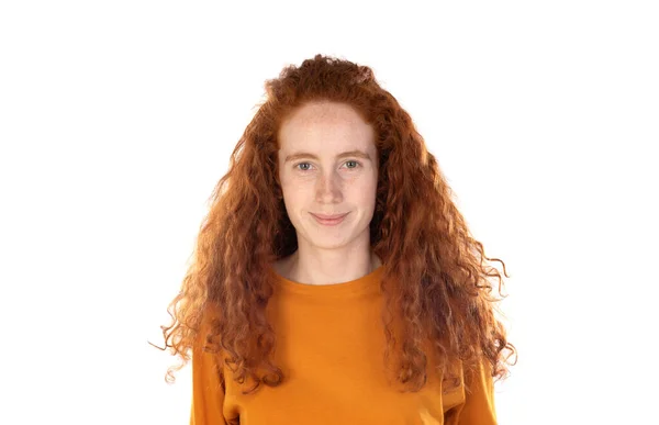 Jeune Femme Rousse Avec Shirt Orange Isolé Sur Fond Blanc — Photo