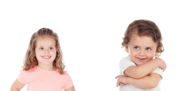 Irmãos Felizes Rindo Isolados Fundo Branco — Fotografia de Stock