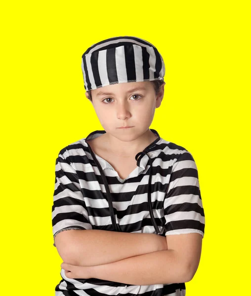 Sad Prisoner Wearing Striped Uniform Isolated Yellow Background — Stock Photo, Image