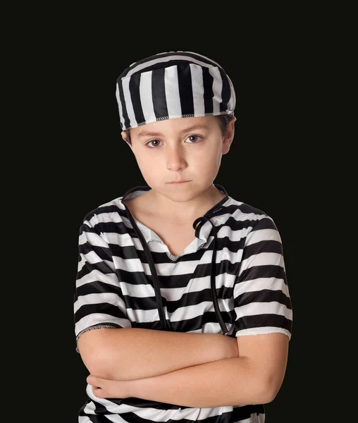 Sad Prisoner Wearing Striped Uniform Isolated Black Background — Stock Photo, Image