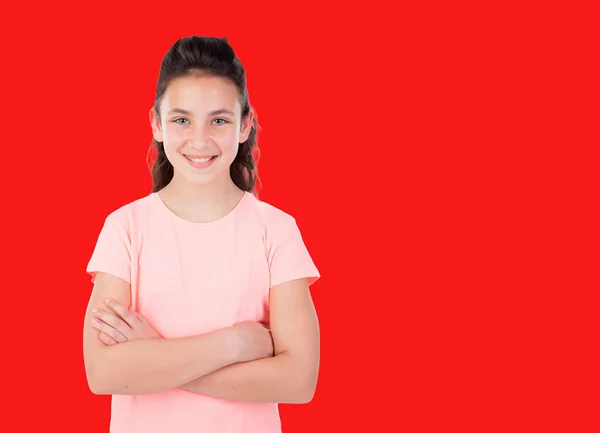 Portrét Veselý Obsah Dívka Složené Paže Izolované Nad Červenou Barvou — Stock fotografie