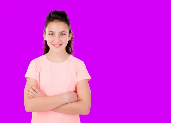 Retrato Contenido Alegre Niña Brazos Cruzados Aislados Sobre Fondo Color —  Fotos de Stock