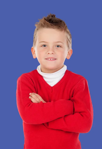 Criança Loira Com Camisa Vermelha Isolada Fundo Azul — Fotografia de Stock