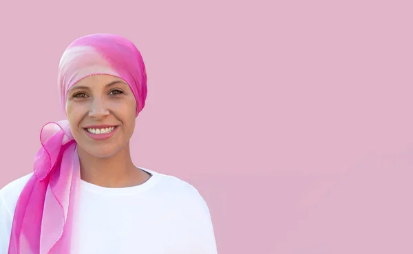 Hopeful Woman Wearing Headscarf Pink Background — Stock Photo, Image