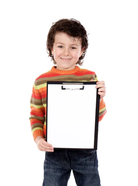 Young Boy Holding Clipboard Isolated White Background — Stock Photo, Image