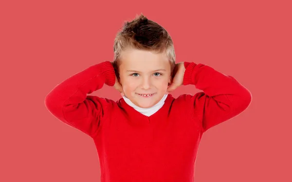 Annoyed Child Beacouse Loud Noise Isolated Red Background — 스톡 사진