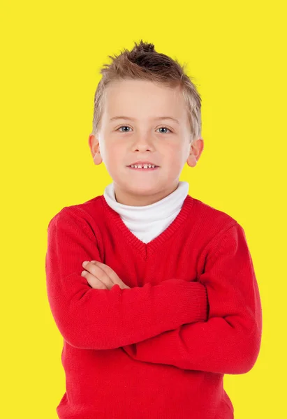 Blond Child Red Jersey Isolated Yellow Background Stock Picture