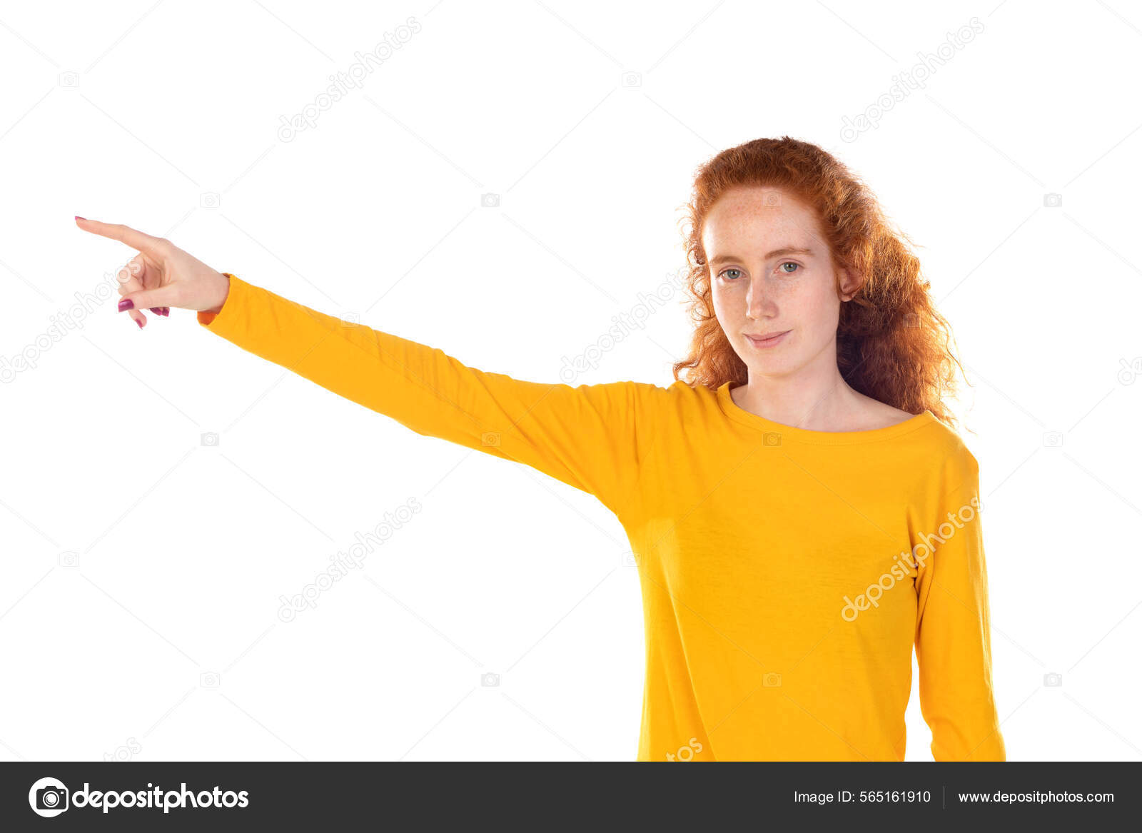Young Pretty Woman Smiling Confidently Pointing Something Positive.