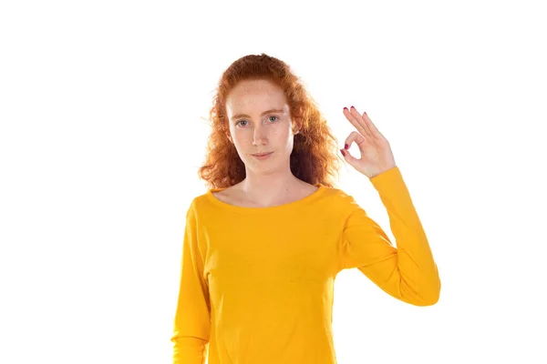 Doing Good Fascinated Happy Redhead Curly Woman Show Okay Sign — Foto Stock