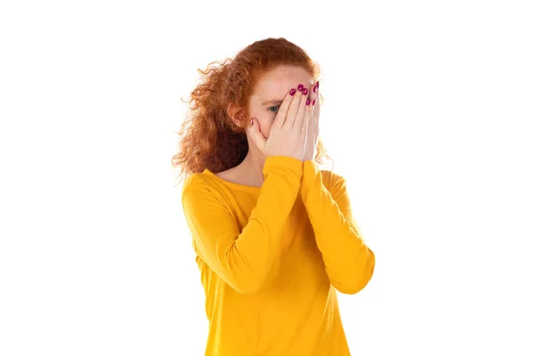 Worried Redhear Girl Isolated White Background — Stock Photo, Image