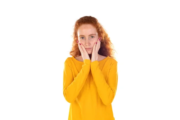 Worried Redhear Girl Isolated White Background — Fotografia de Stock