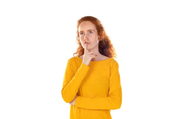 Portrait Pensive Redhead Girl Wearing Yellow Shirt Isolated White Studio — Zdjęcie stockowe