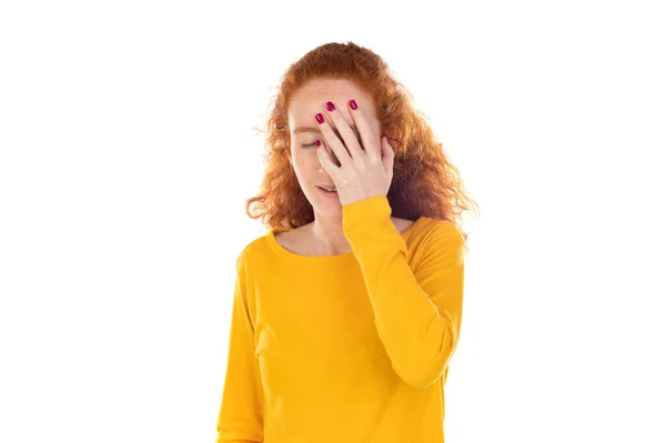 Worried Redhear Girl Isolated White Background — ストック写真