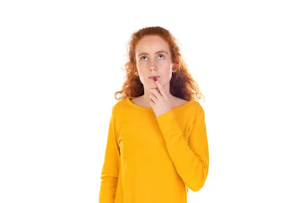 Portrait Pensive Redhead Girl Wearing Yellow Shirt Isolated White Studio — Stock Fotó