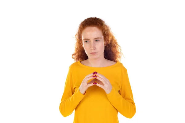 Portrait Pensive Redhead Girl Wearing Yellow Shirt Isolated White Studio — Photo