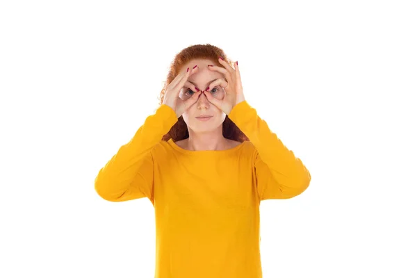 Redhead Wman Fooling Making Glasses Hands Isolated White Background — 스톡 사진